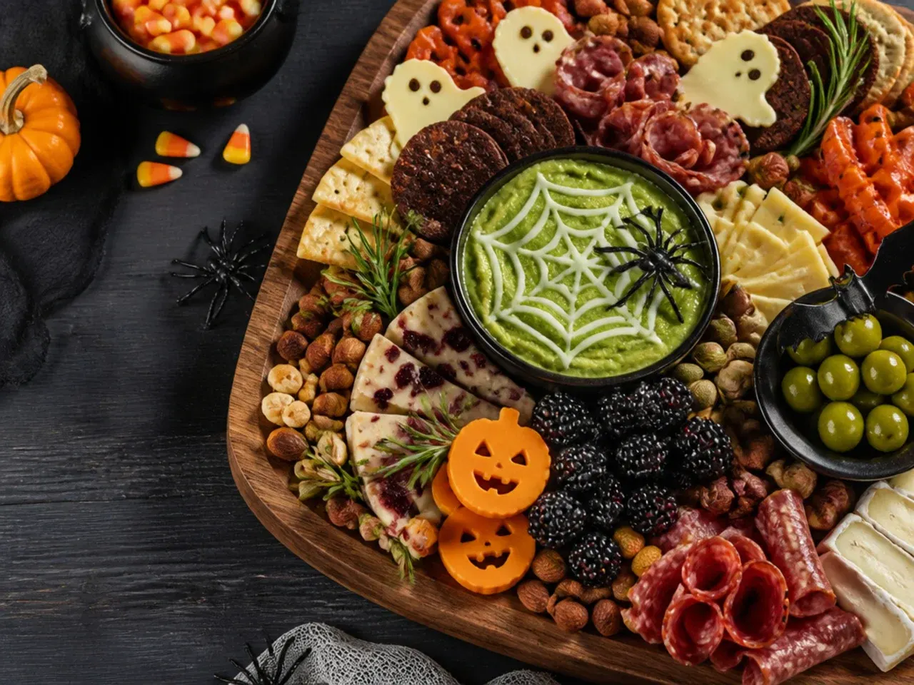 Quick-assembled halloween board using pre-sliced meats and cheese cubes