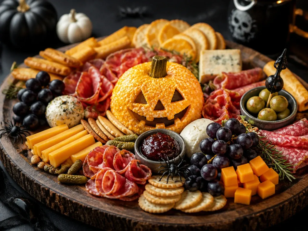 Homemade bone-shaped cheese straws and fig jam on a halloween charcuterie board