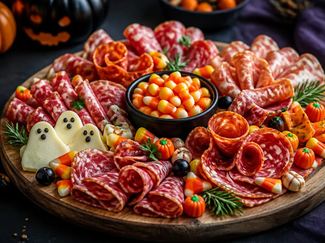 Cured meats arranged alongside small dishes of candy corn on a wooden board