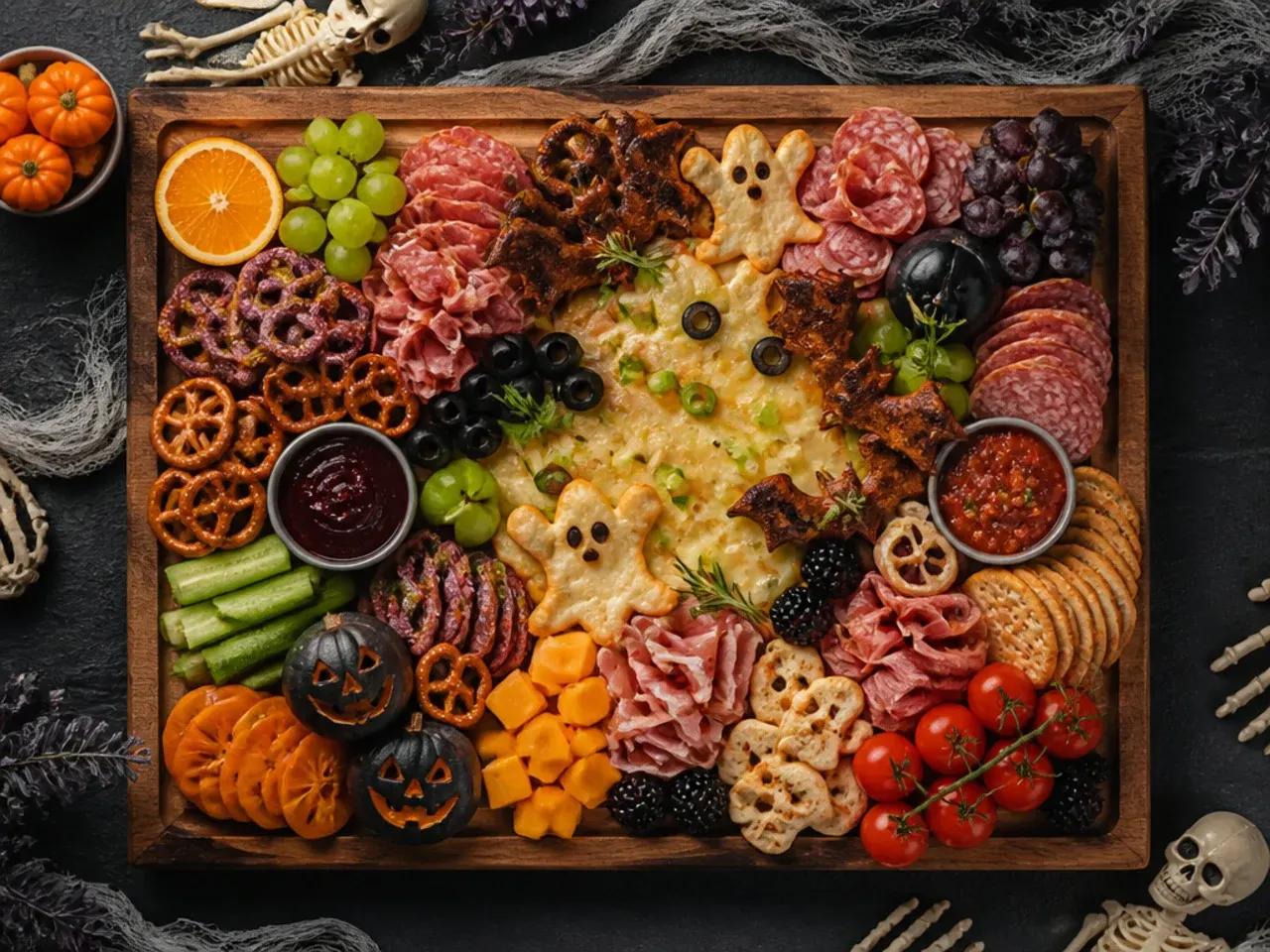 Halloween party snacks arranged on a large baking sheet instead of a wooden board