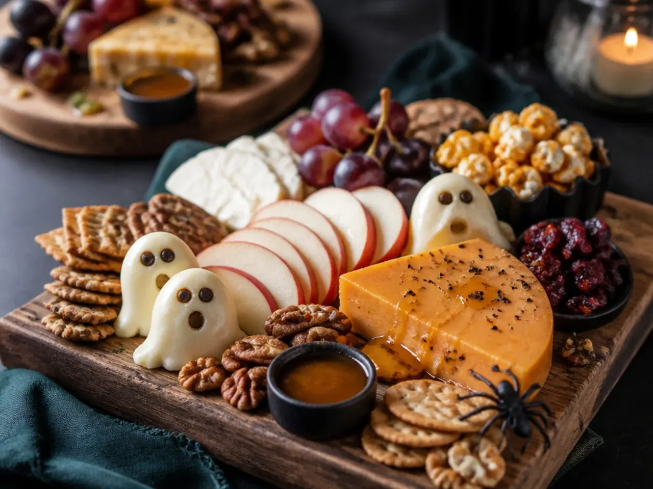 Sliced apples, mature cheddar and caramel dip on a cosy autumn charcuterie board