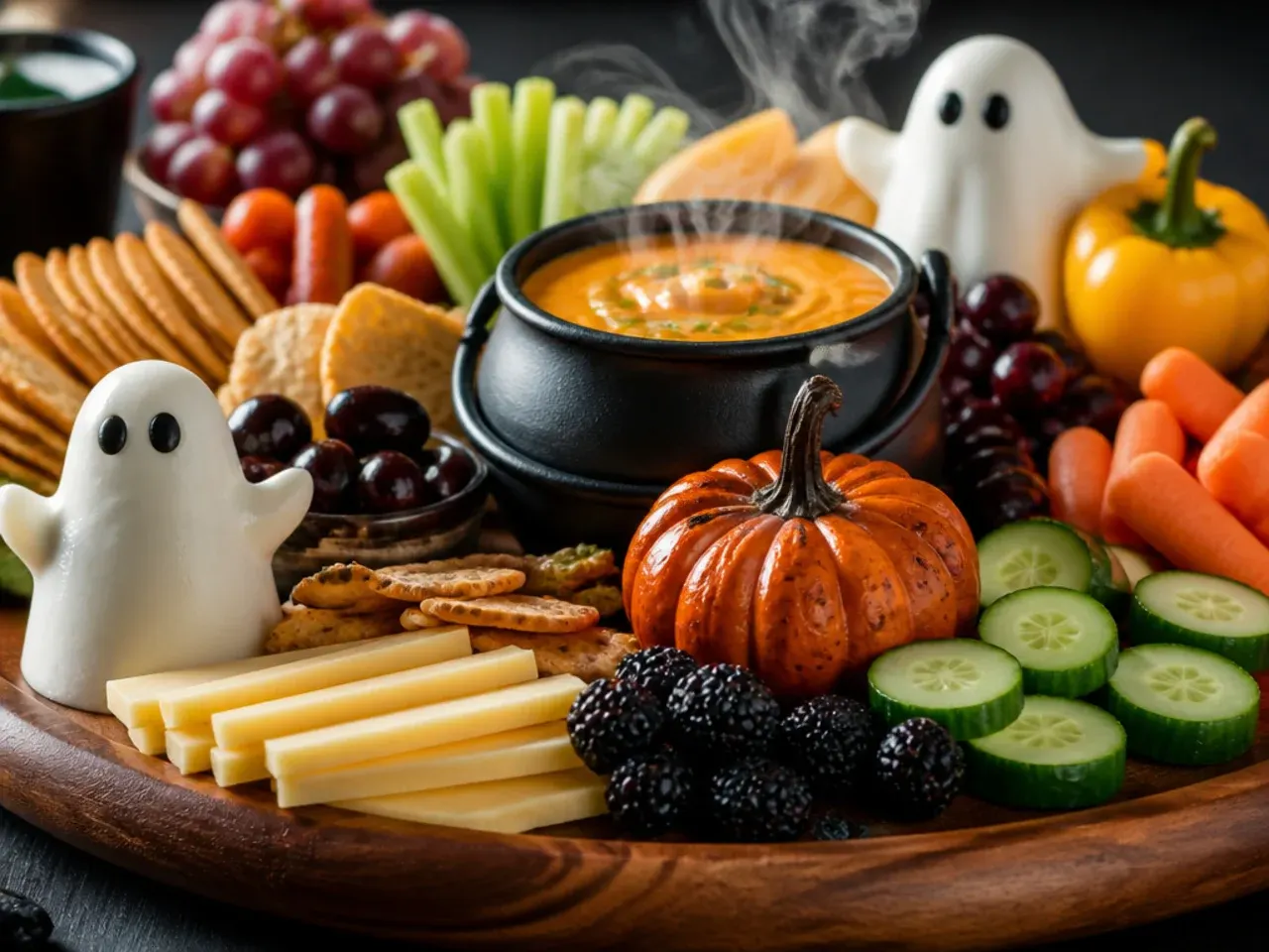 Vegetarian halloween board with assorted cheeses, roasted vegetables and marinated peppers