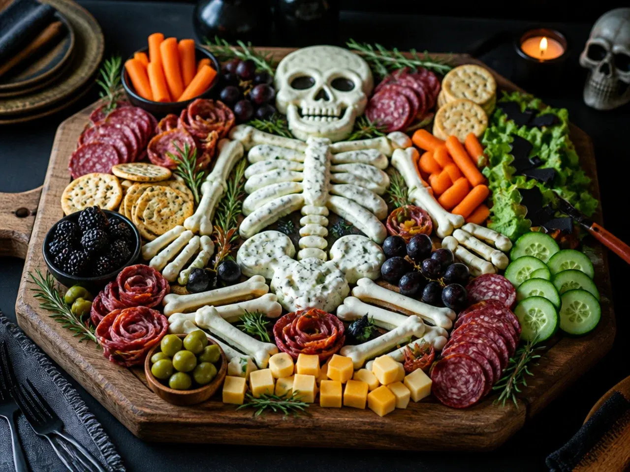 Vegetable sticks arranged into a skeleton shape around a bowl of ranch dip