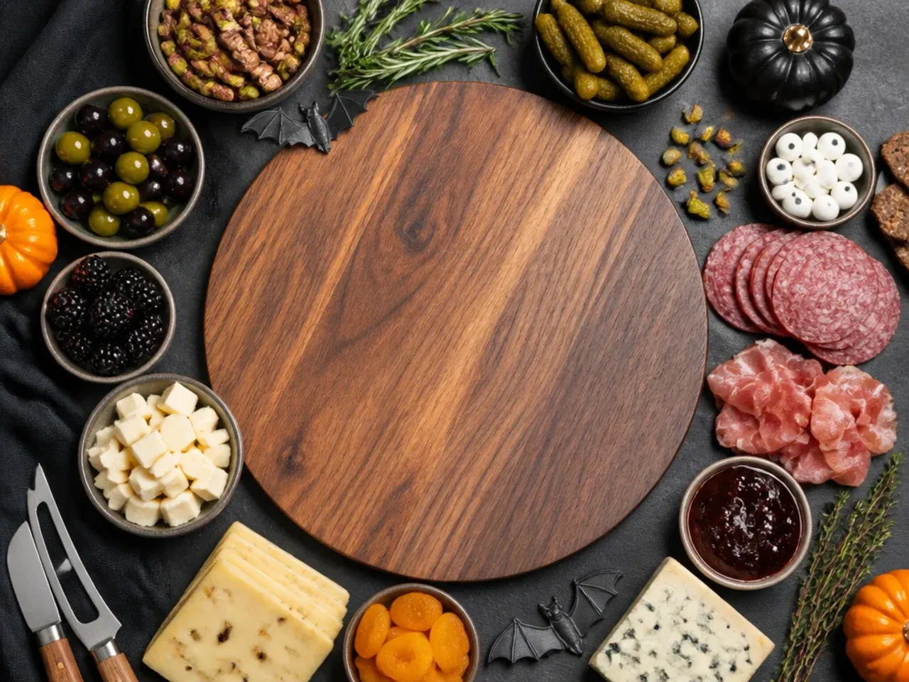 Close-up of hands arranging folded cured meat roses on a charcuterie board
