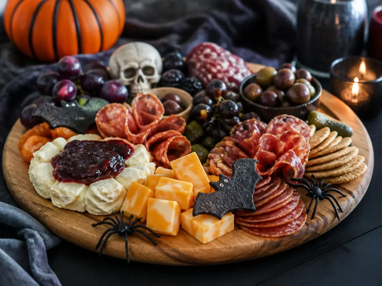 Halloween charcuterie board served with small plates and glasses of spiced cider