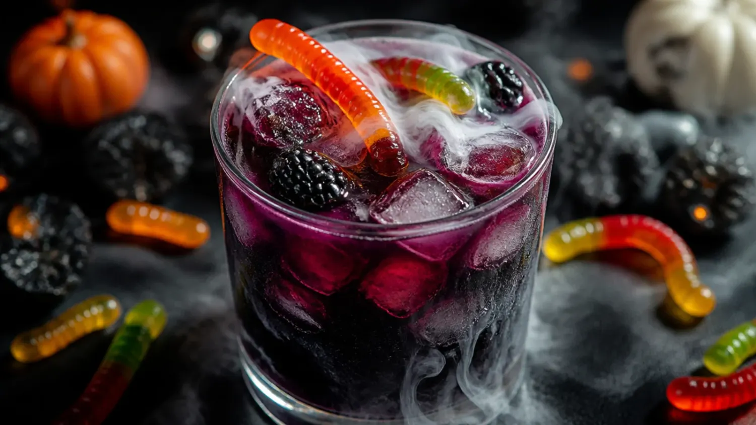A Halloween party drinks table with a green witches' brew punch bowl, spiced cider mugs and frozen slushies garnished with gummy worms and candy eyeballs