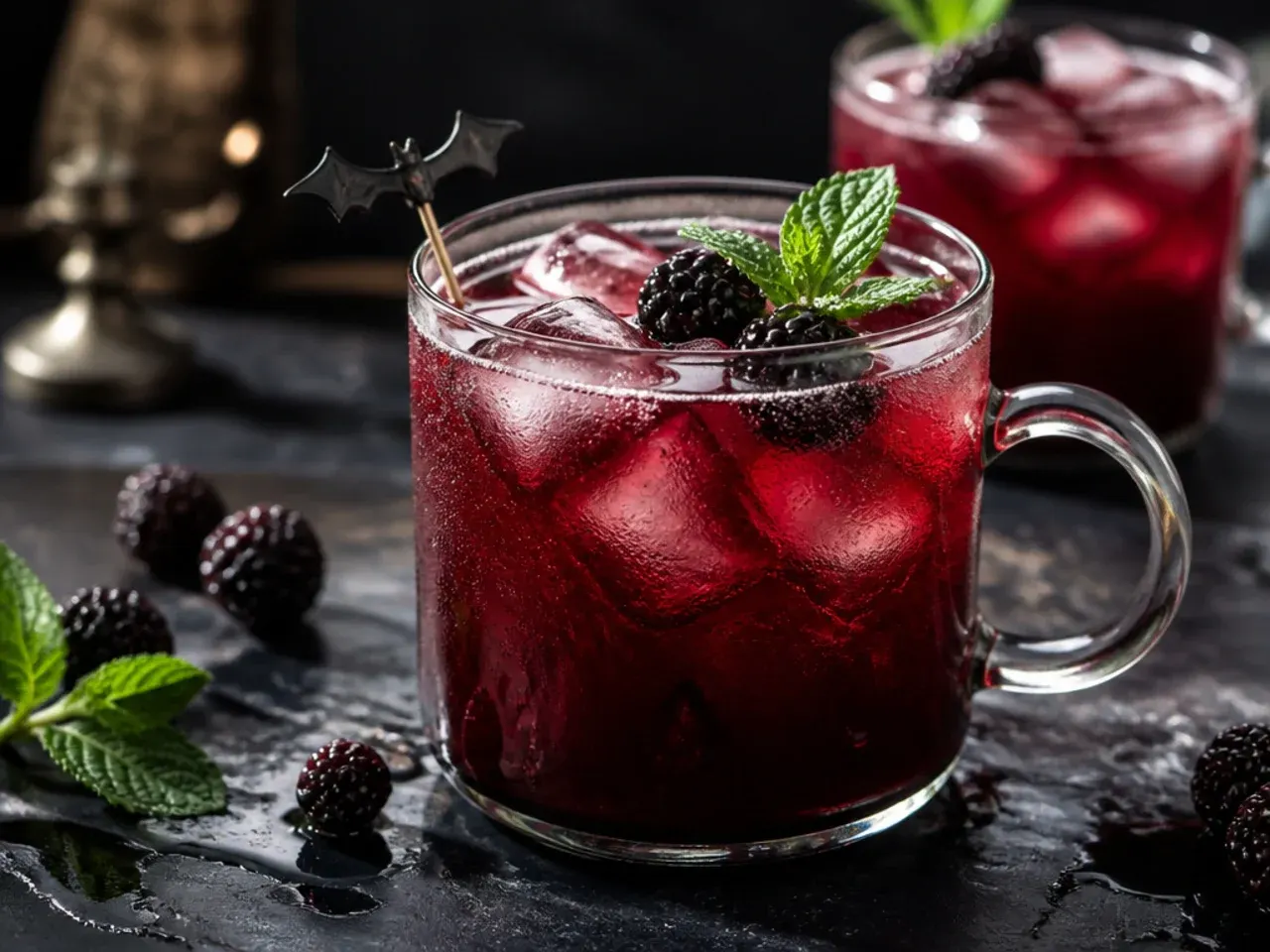 A tall glass of deep red vampire's blood punch with a sugar-crusted rim