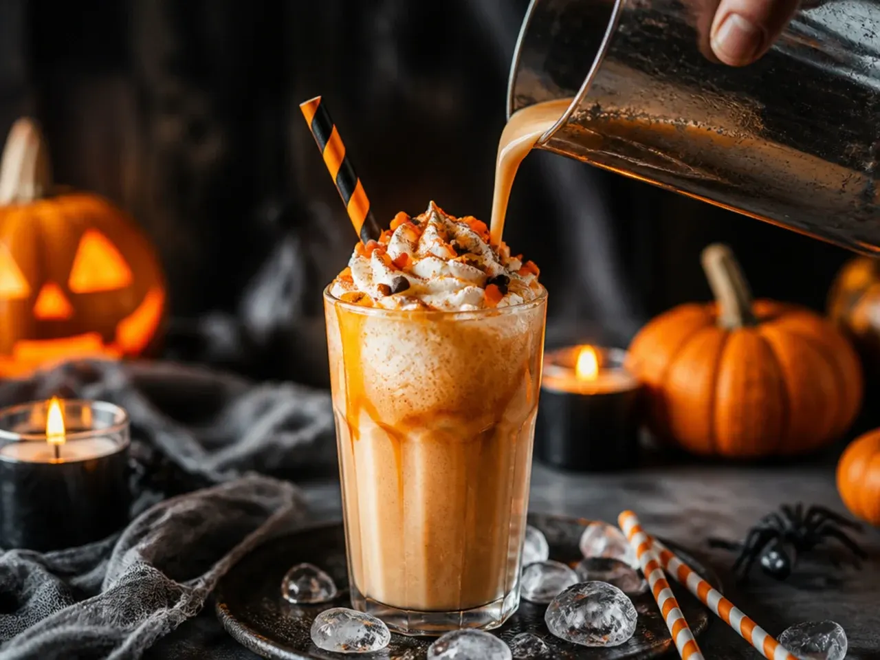 An orange pumpkin milkshake topped with whipped cream and a cinnamon dusting