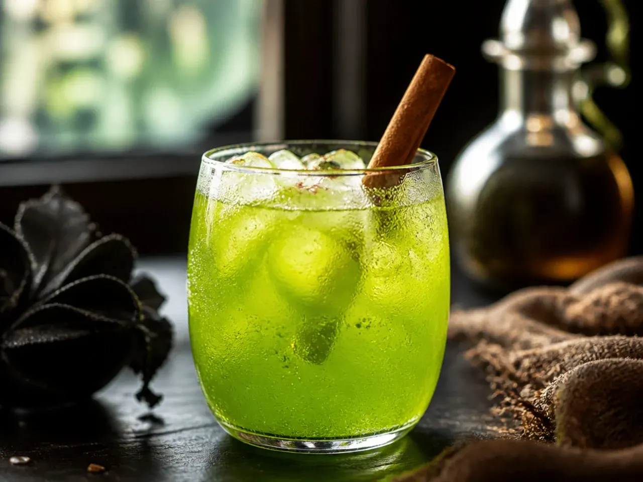A green-tinted apple cooler in a glass with an apple slice garnish