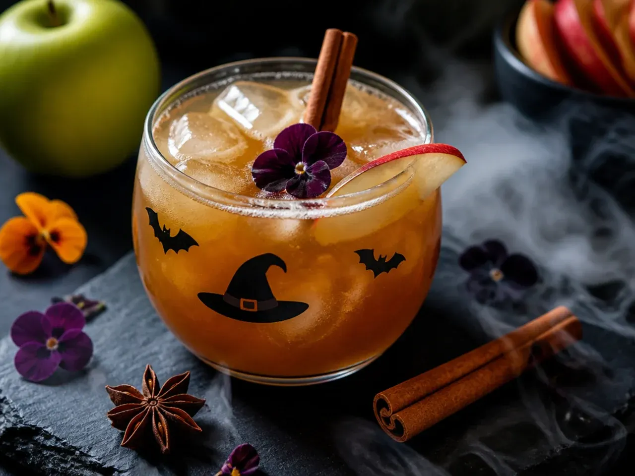 A mug of warm spiced apple cider with a cinnamon stick and orange peel