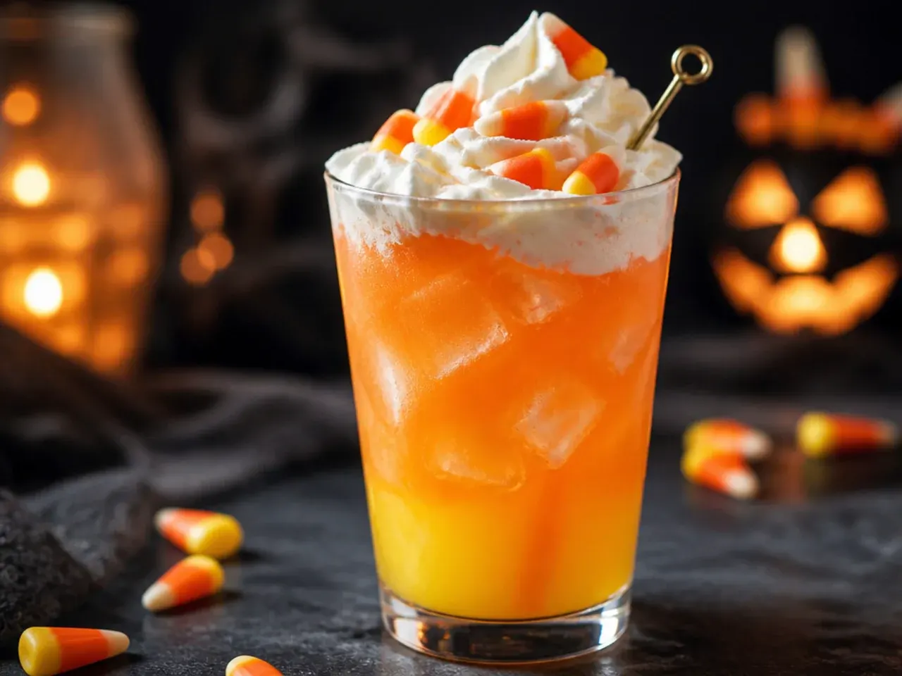 A striped candy corn coloured cream soda in a tall glass