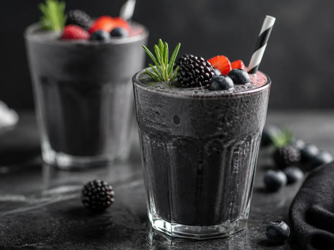 A dark purple black cat smoothie with white chocolate chip eye garnish