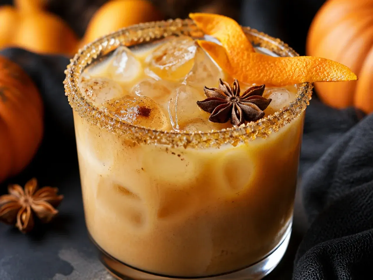 A frothy pumpkin chai latte in a mug dusted with cinnamon