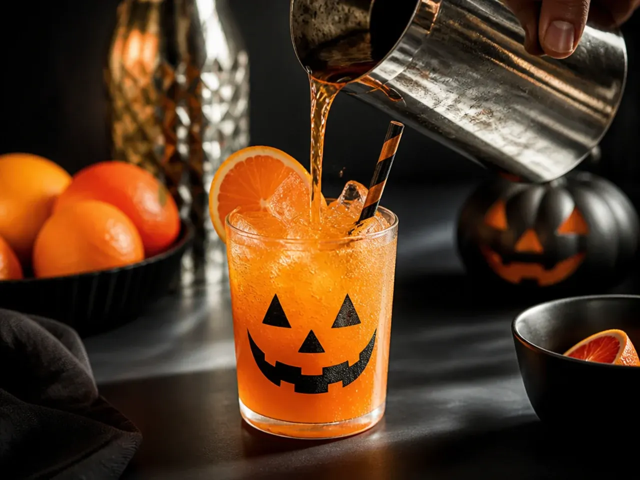 An orange jack-o'-lantern fizz drink with face-decorated ice cubes
