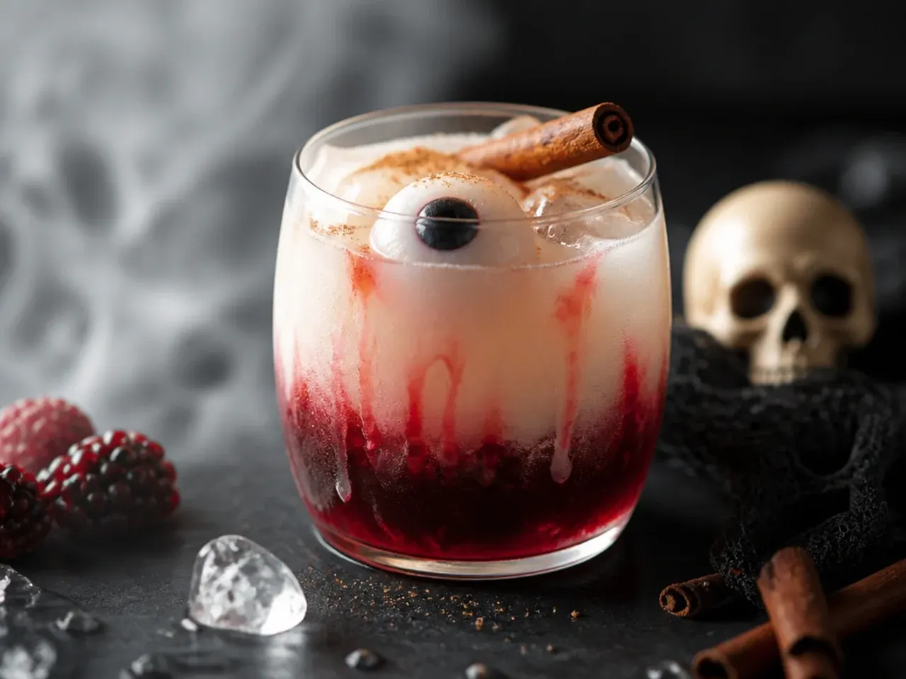 A layered red and yellow mocktail with a lychee eyeball garnish floating on top