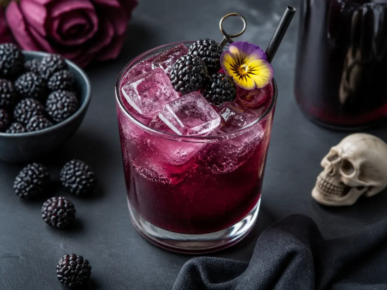 A dark blackberry cooler in a glass with a blackberry garnish on the rim
