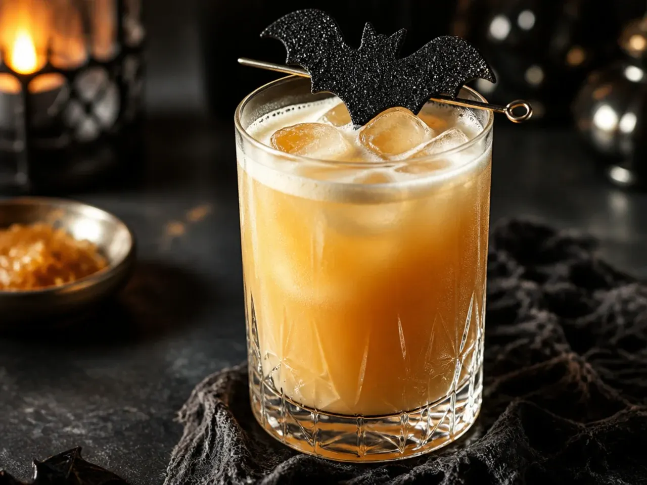 A butterscotch milkshake with caramel swirls and a chocolate bat garnish