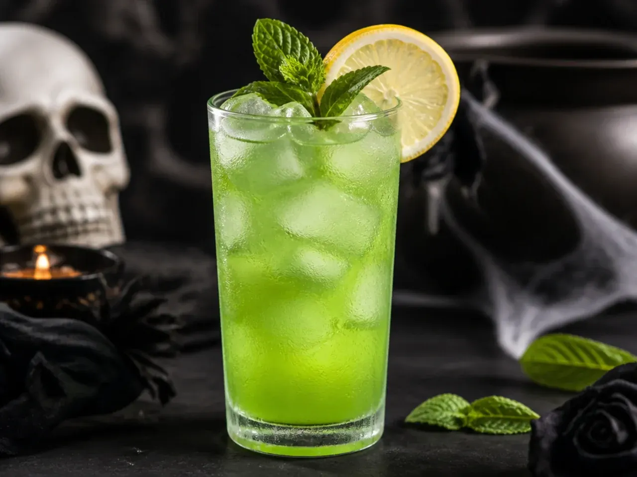 A glass of bright green goblin lemonade with frozen grapes