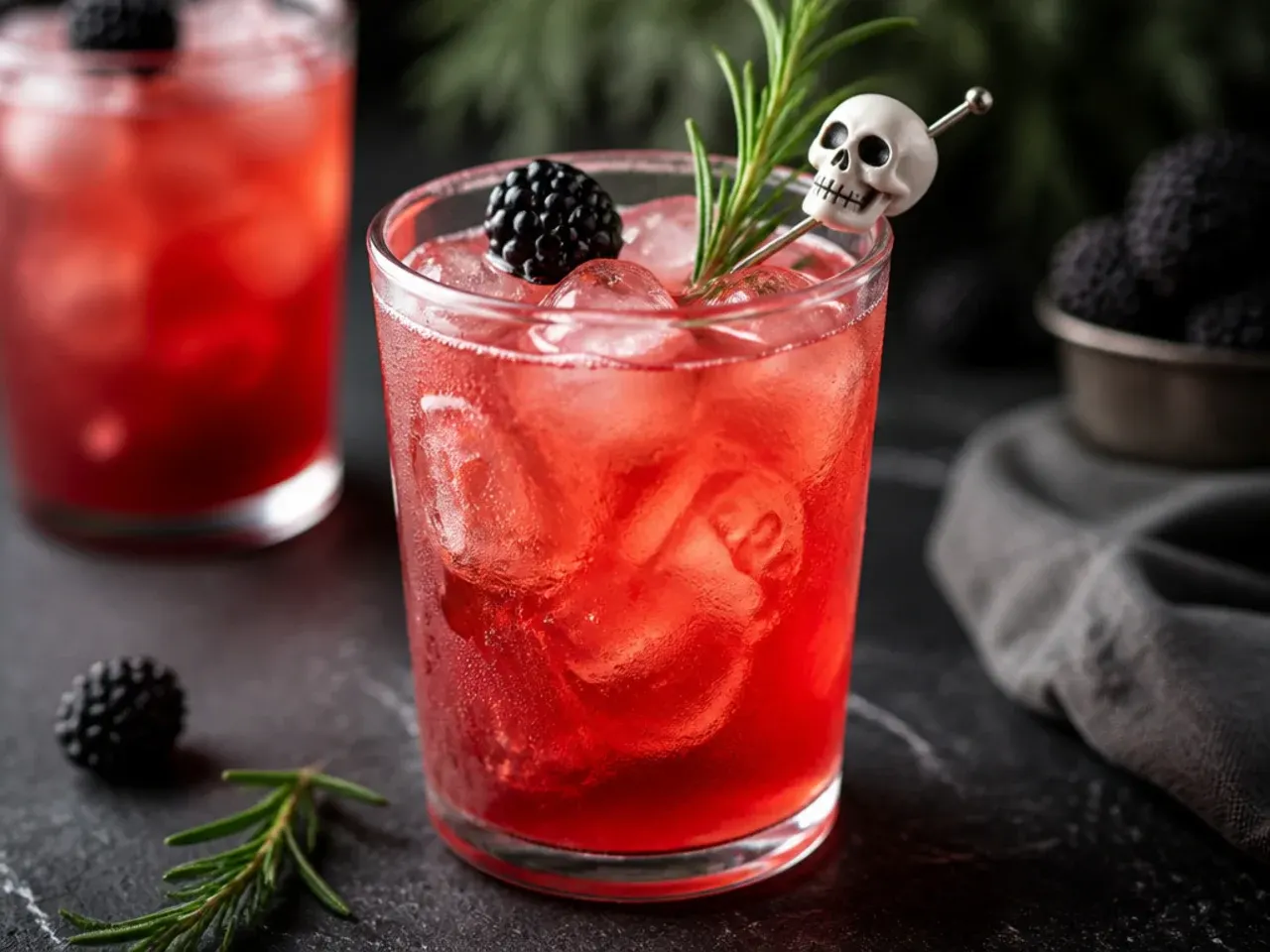 A red Shirley Temple style mocktail with gummy eyeballs floating on top