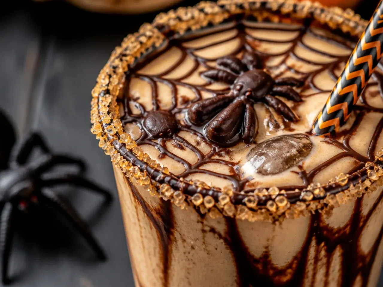 A milkshake in a glass with a chocolate spider web drizzle pattern