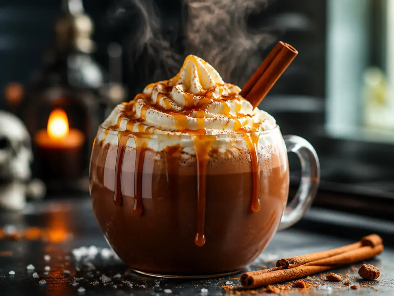 A mug of salted caramel hot cocoa with whipped cream and caramel drizzle