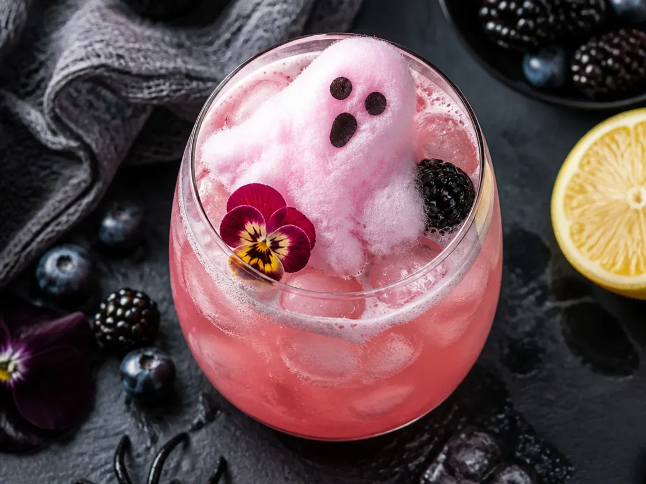 A soda drink topped with a puff of pink cotton candy dissolving into foam