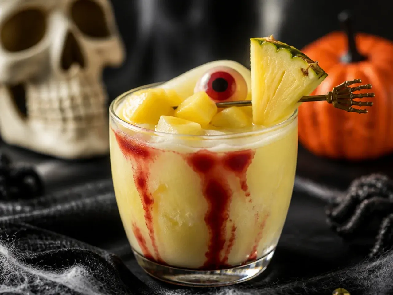 A frozen tropical pina ghoulada served in a hollowed-out mini pumpkin