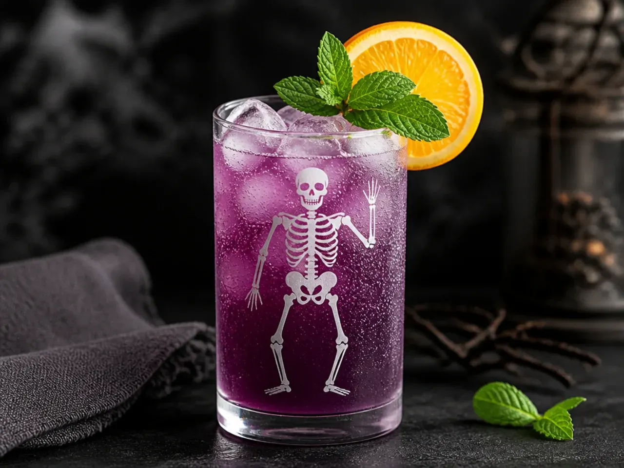 A pale skeleton spritzer drink with dark food colouring ice cubes