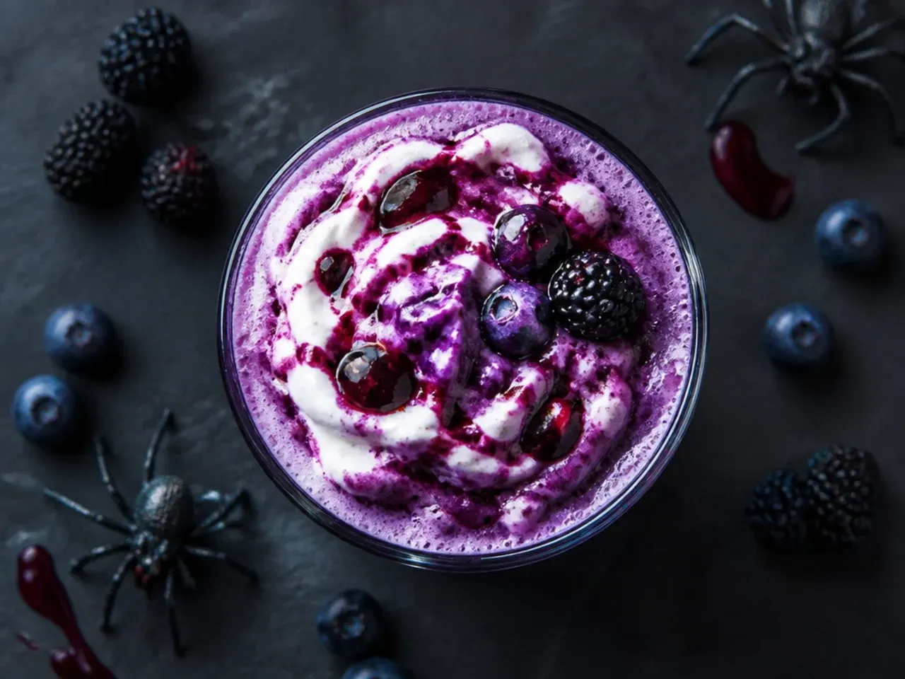 A deep purple berry potion drink in a sugar-rimmed glass with a striped straw