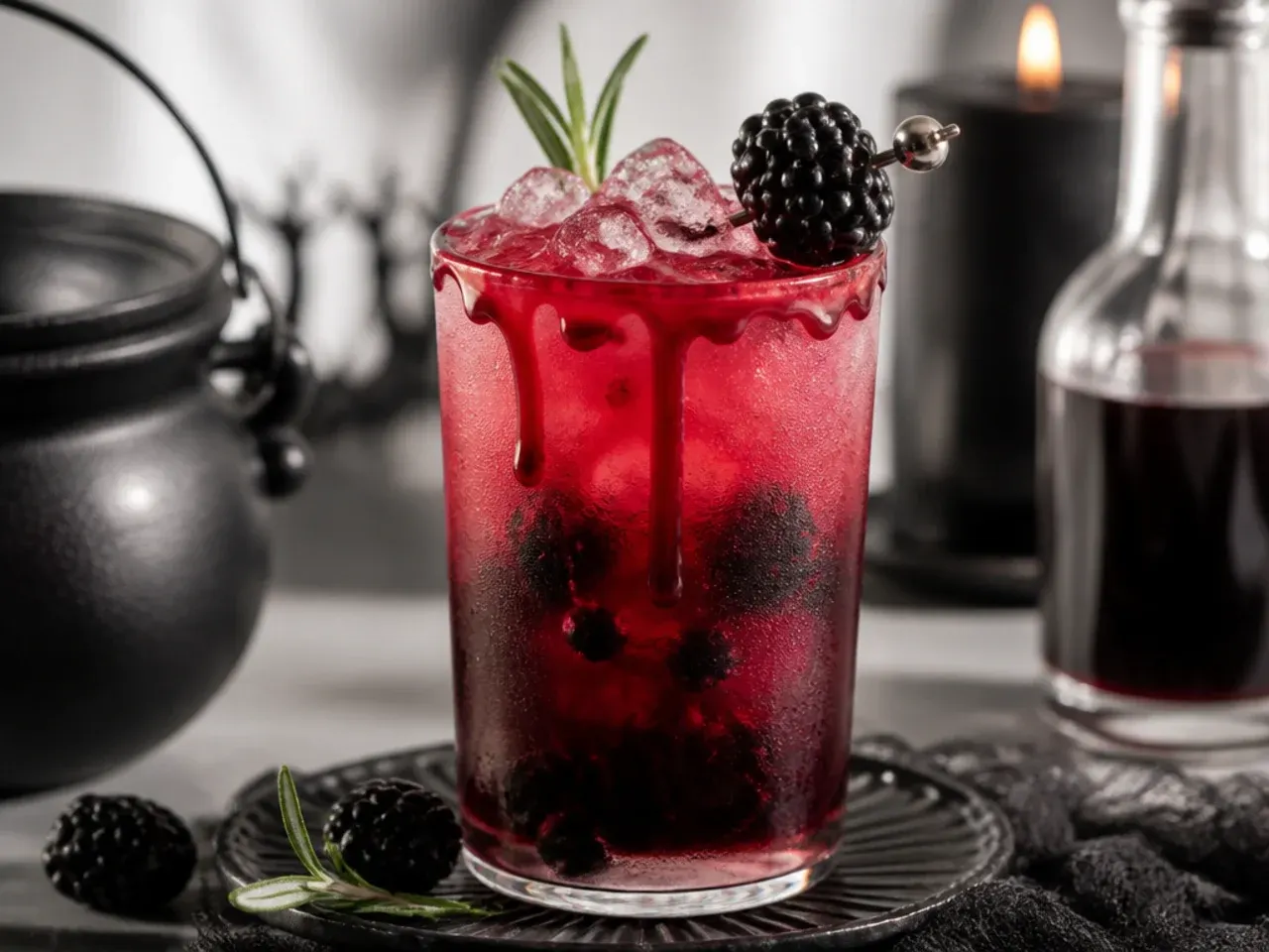 Close-up of Halloween drink garnishes including striped straws, spider rings and eyeball ice cubes