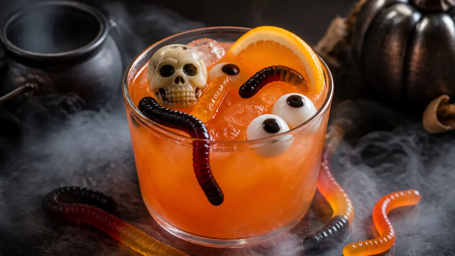 A glass punch bowl filled with glowing orange Halloween punch, topped with sherbet foam, dry ice fog, and gummy worm garnish, surrounded by mini pumpkins