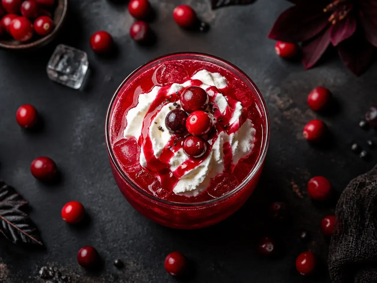 Tall glass of deep red cranberry Halloween punch with ice cubes and a lime wedge garnish