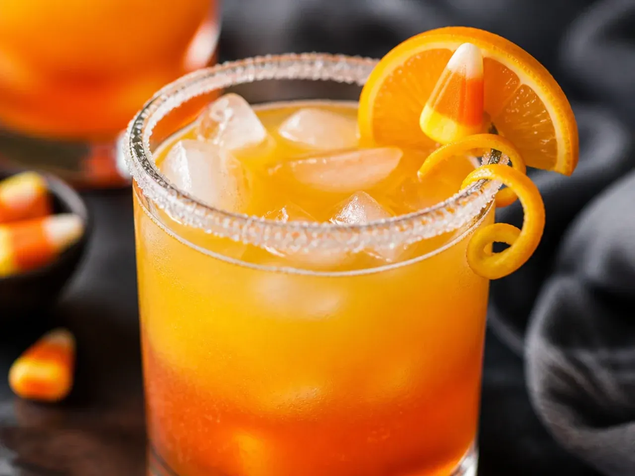 Clear cup of layered orange, yellow, and white candy corn Halloween punch on a striped napkin