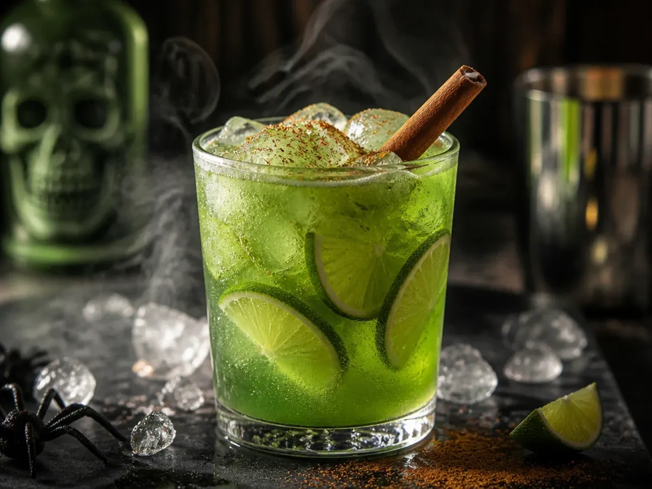 Bright green citrus Halloween punch in a glass pitcher with lime wheel garnish