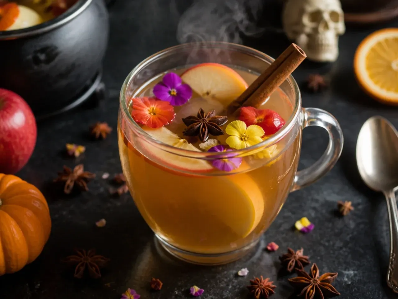 Steaming mug of spiced apple cider Halloween punch with a cinnamon stick and floating apple slice