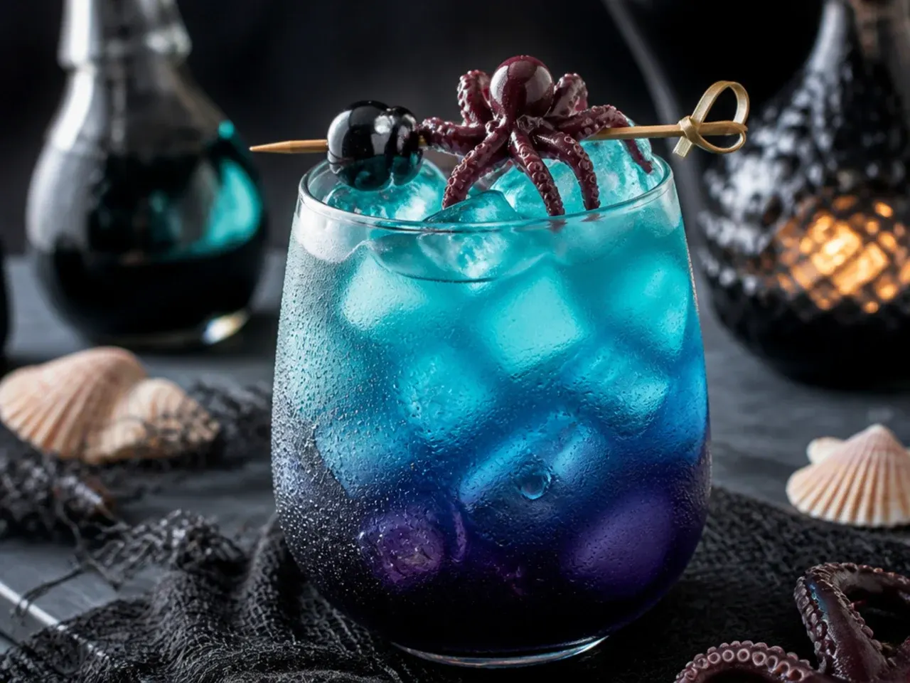 Tall glasses of layered blue and teal ombre Halloween punch with a gummy shark garnish