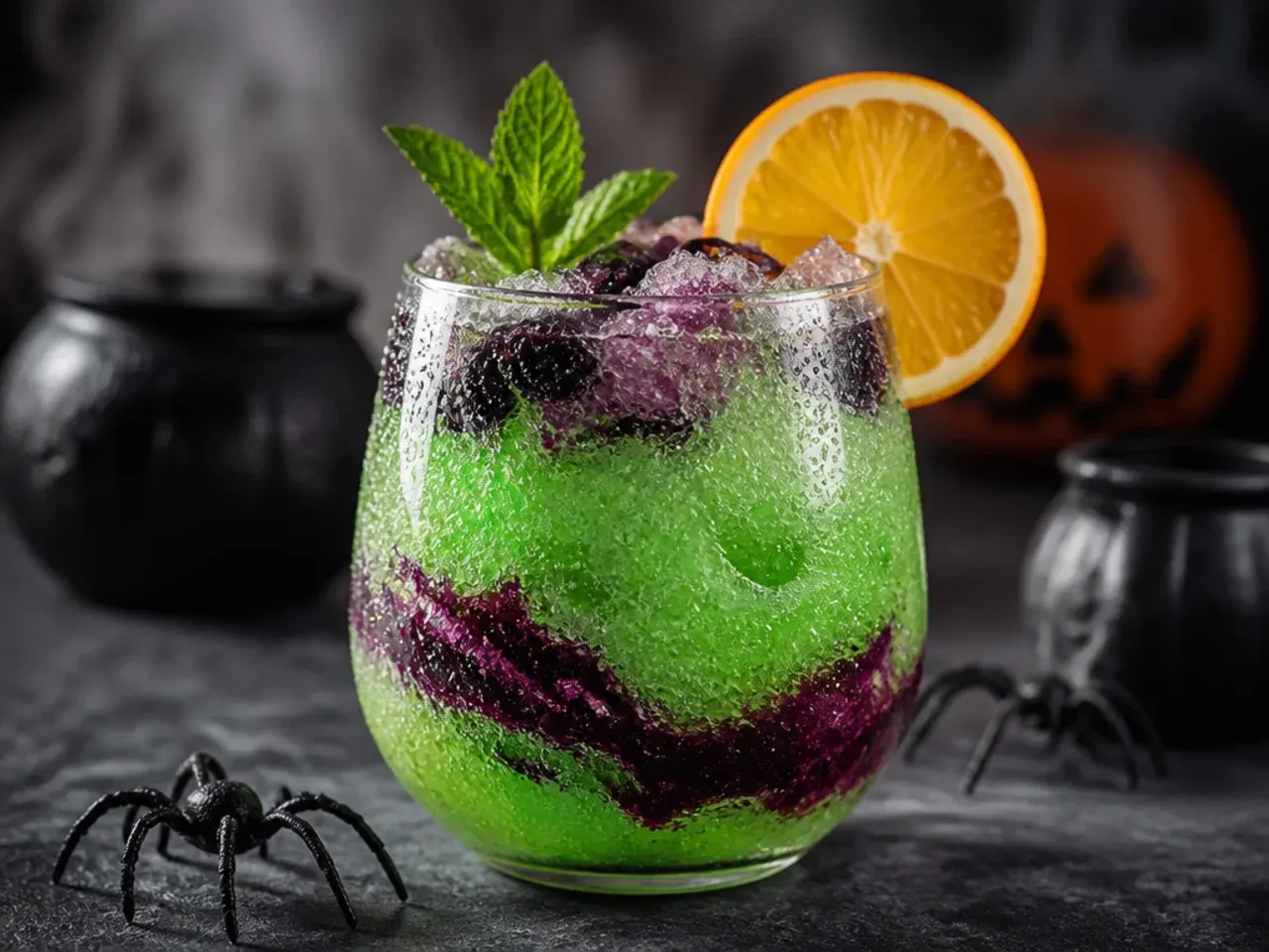Purple frozen slushie Halloween punch in a cup with a straw and floating gummy eyeball candy