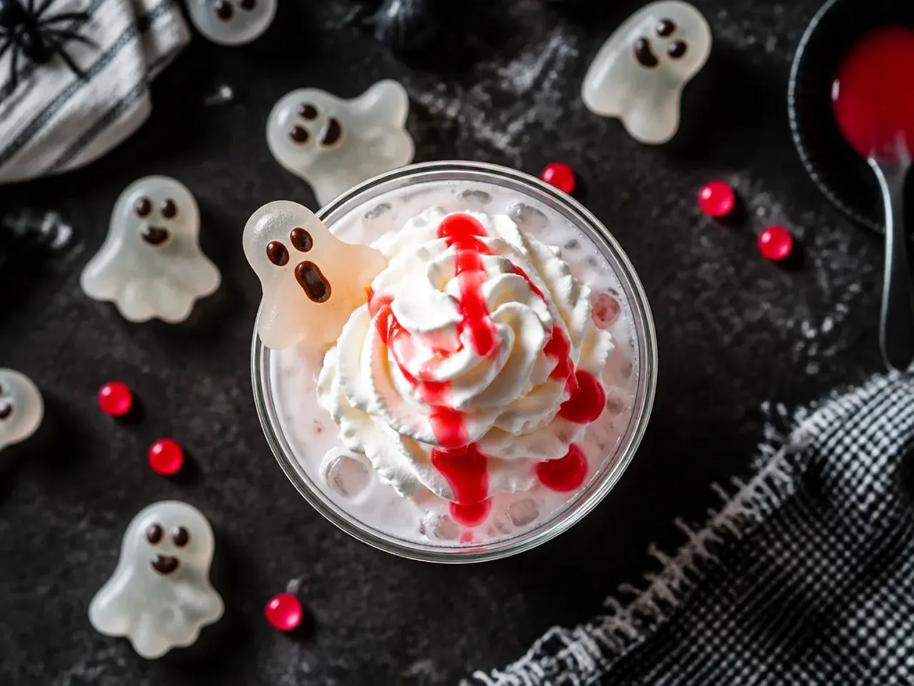 Pale, ghostly white Halloween punch in a large glass bowl with ice cubes