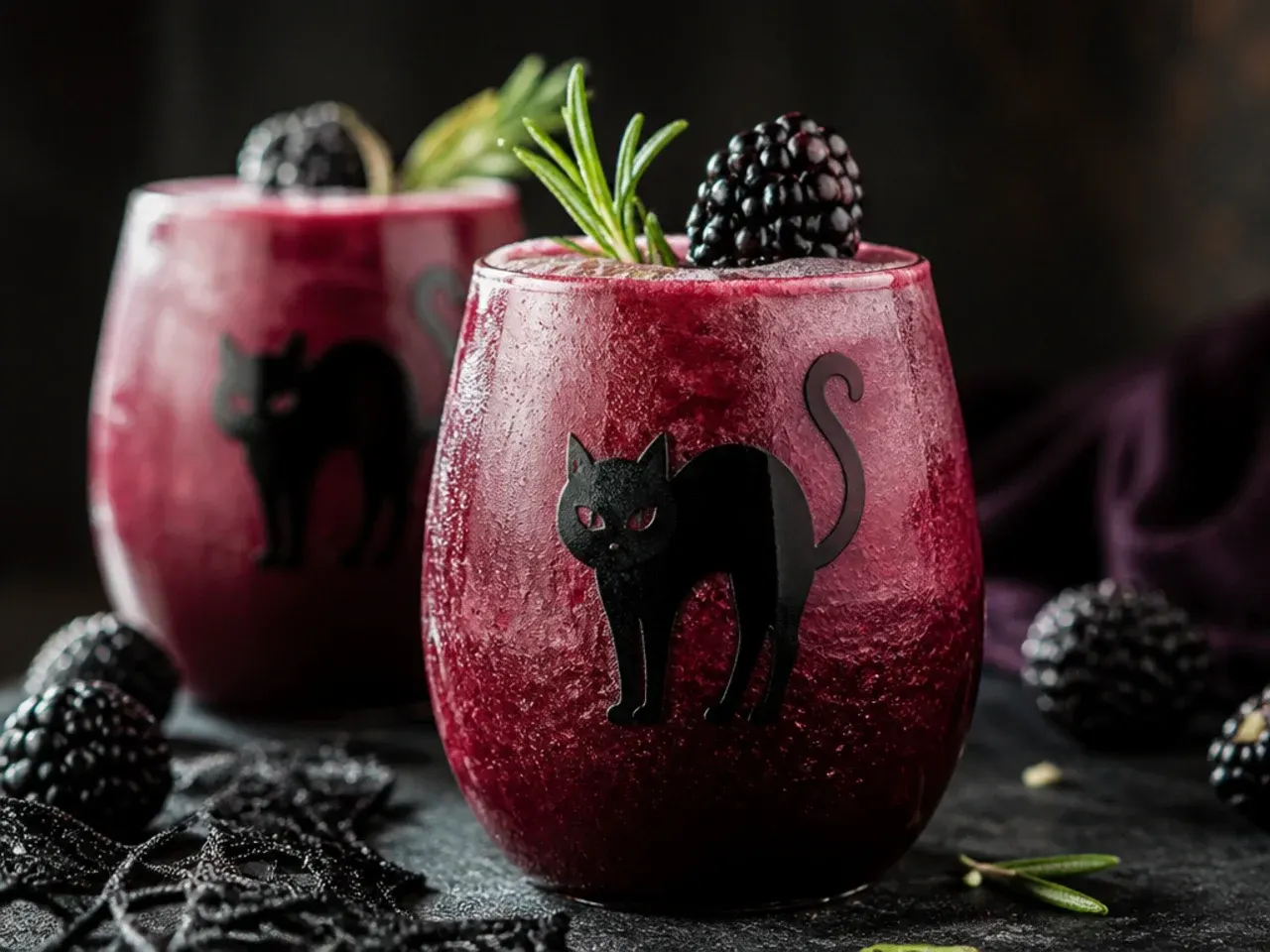 Dark purple-black blackberry Halloween punch in a clear glass pitcher on a dark table