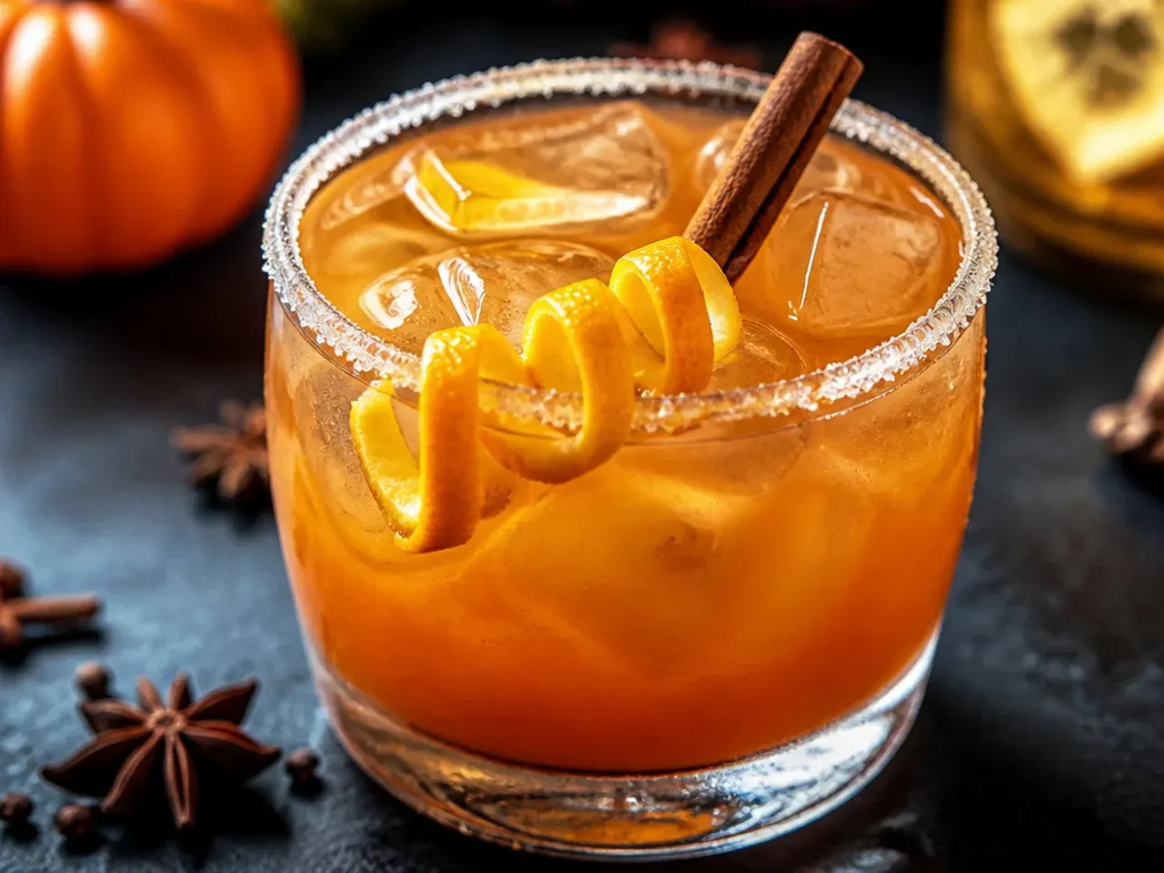 Amber spiced pumpkin Halloween punch in a mug with a cinnamon sugar rim