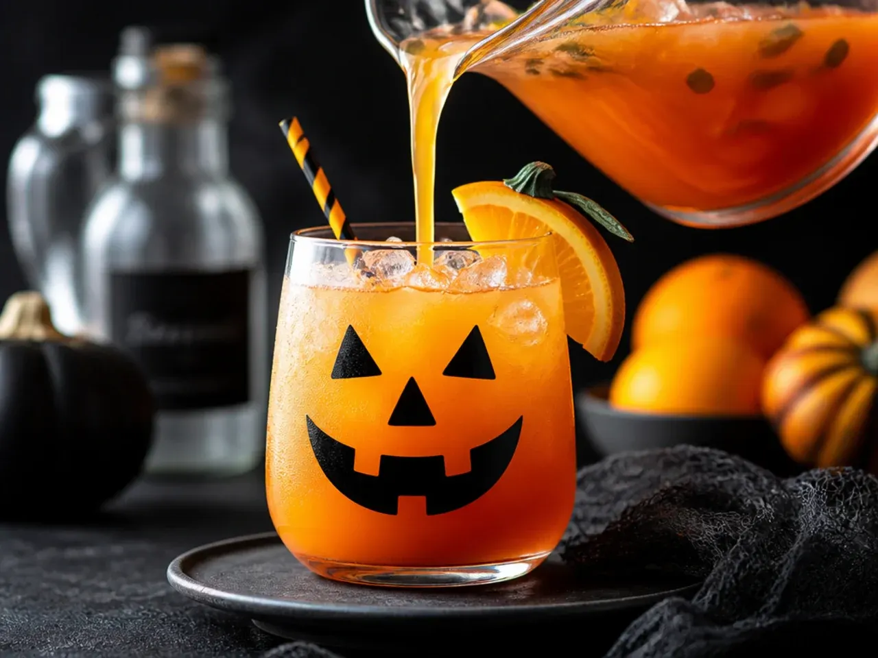Bright orange Halloween punch served in a hollowed pumpkin bowl on a party table