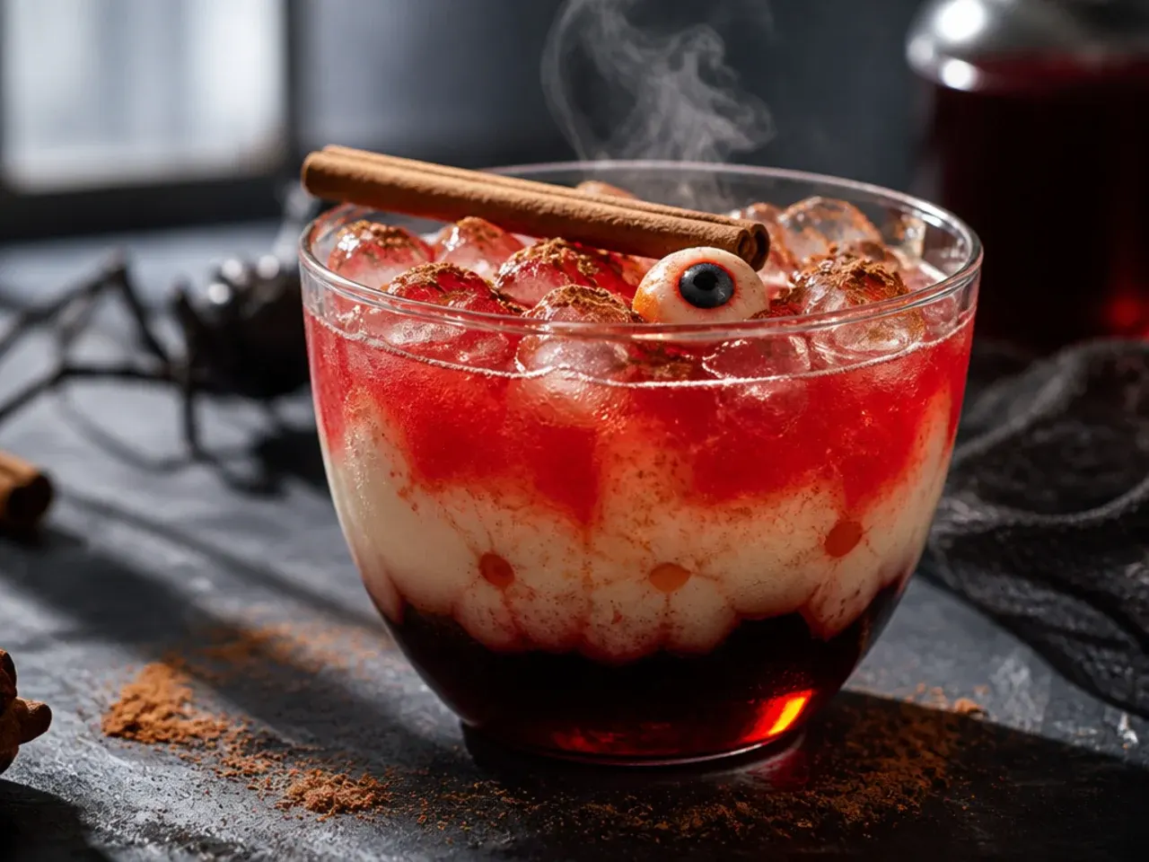 Red Halloween punch in a clear glass with lychee-and-blueberry eyeball garnishes floating on top