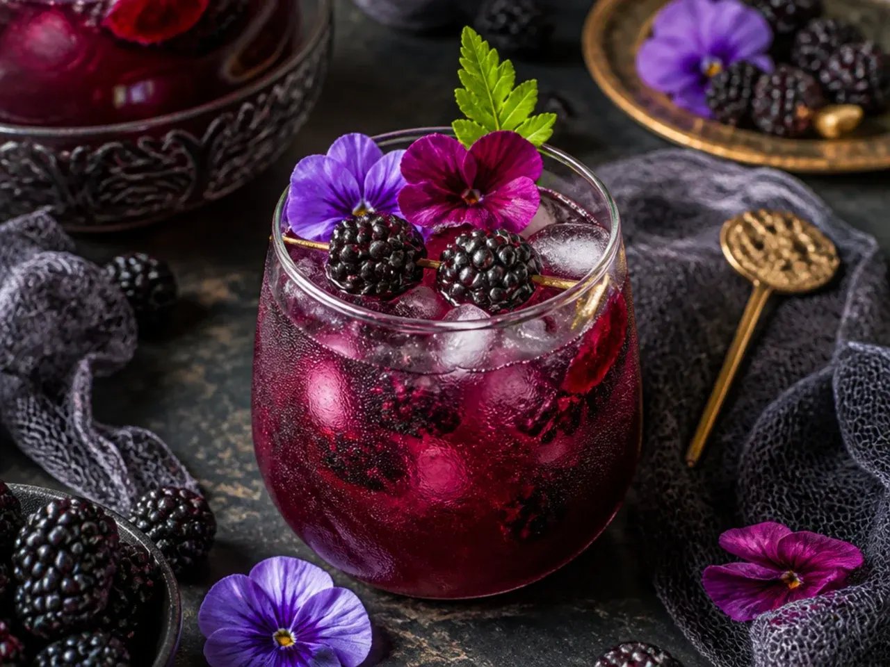 Dark bold blackberry Halloween punch in a short glass over a large ice cube with fresh blackberries