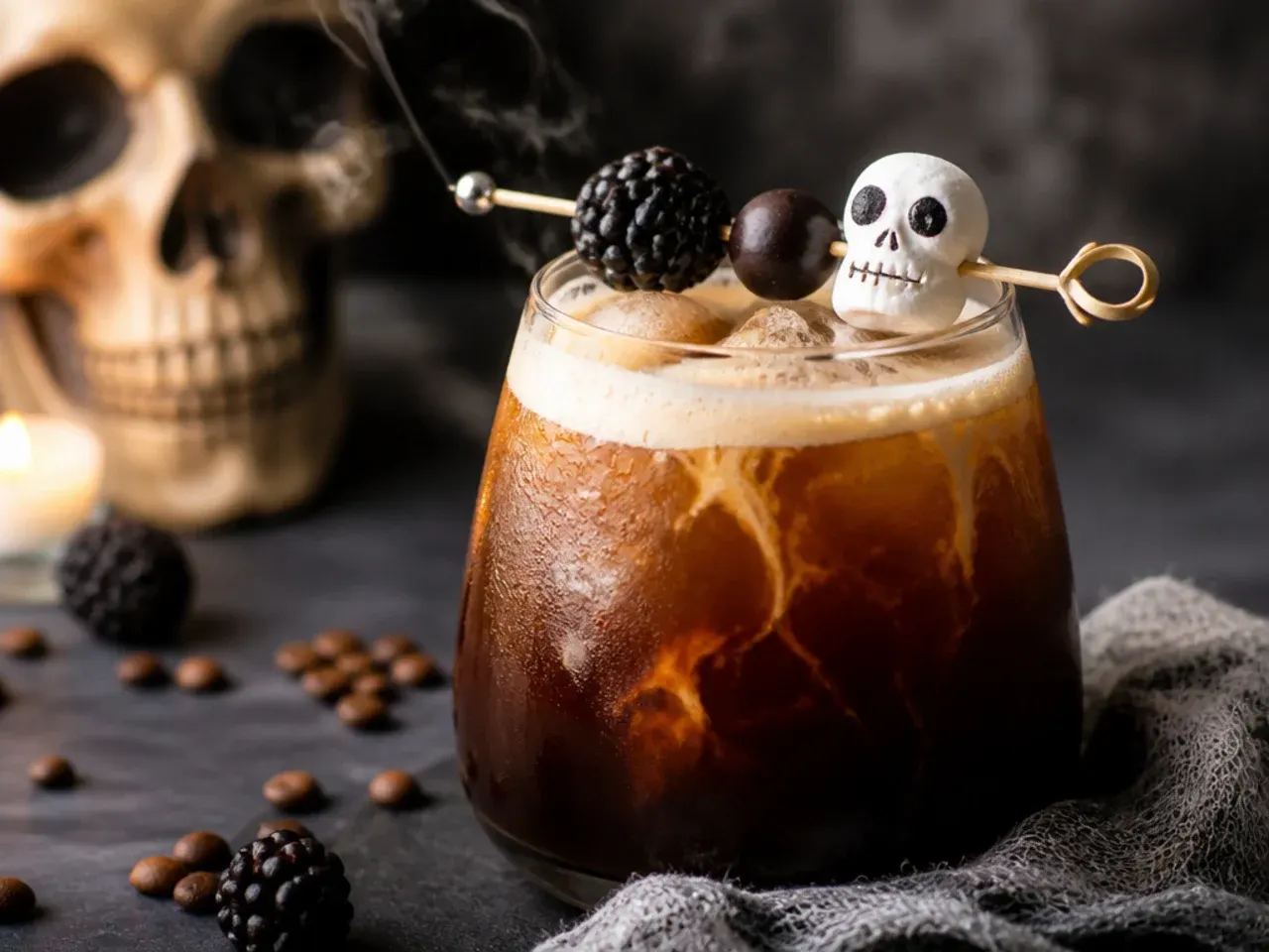 Small glass of creamy coffee-coloured Halloween espresso punch dusted with cocoa powder over ice