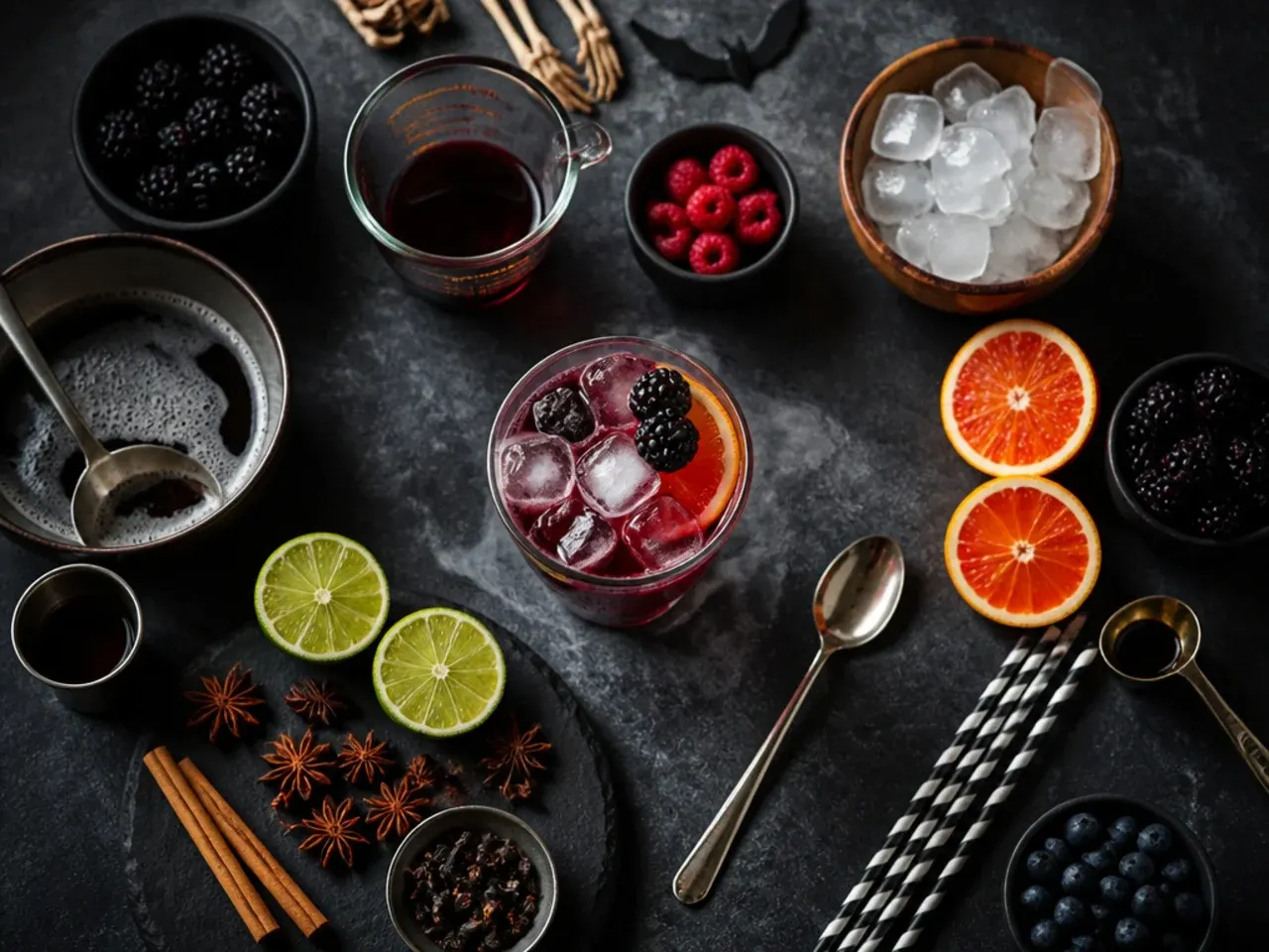 Close-up of hands pouring chilled soda into a Halloween punch bowl over ice