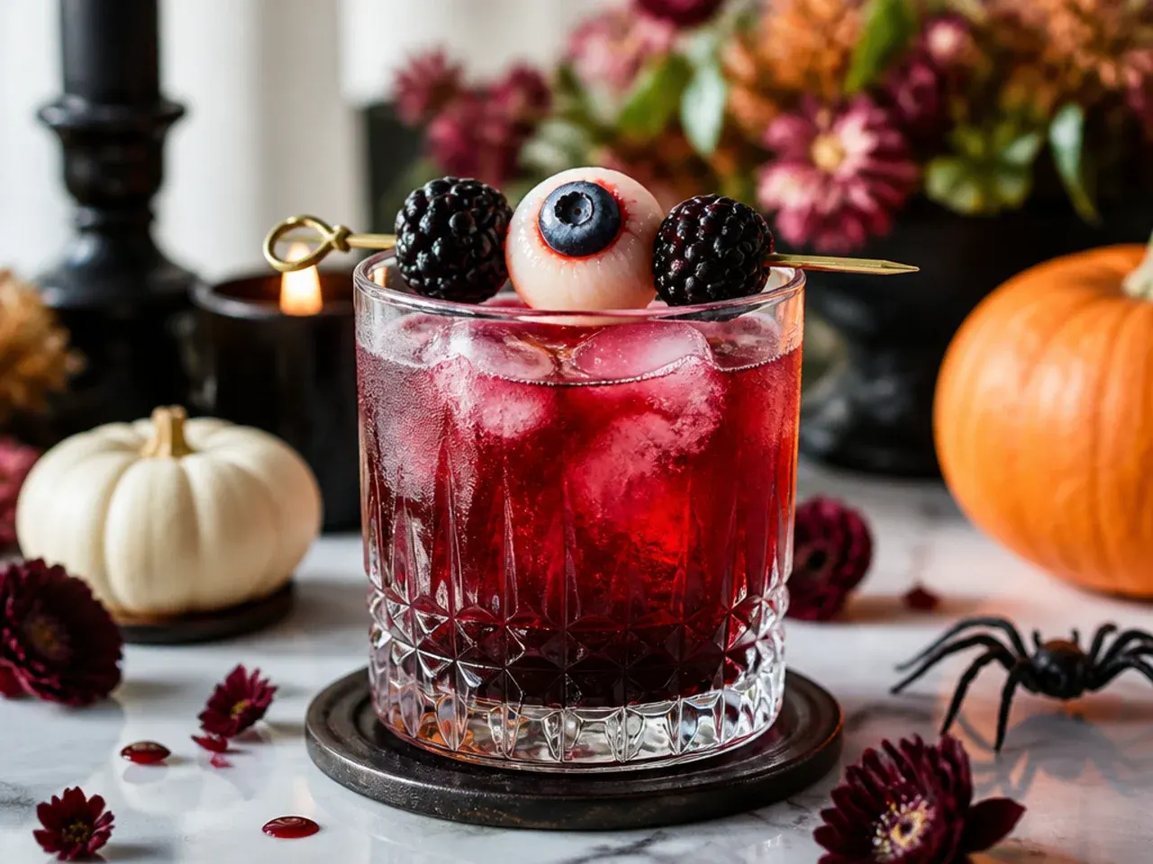 Table spread of Halloween punch garnishes including gummy worms, candy eyeballs, and sanding sugar in small bowls