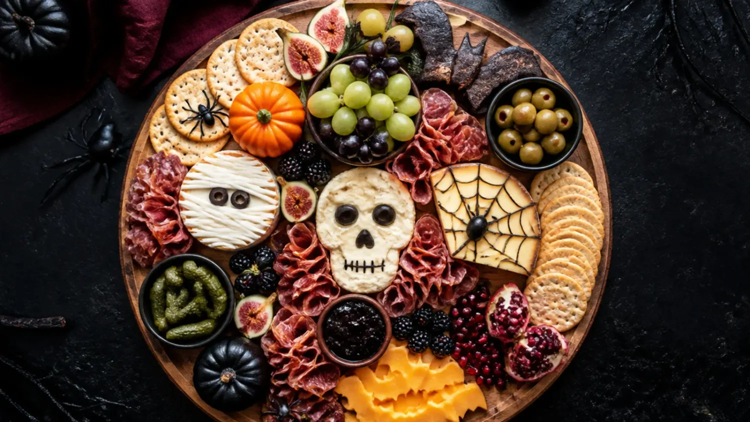 A black slate board loaded with orange cheddar pumpkins, mozzarella ghosts, purple grapes, salami ribbons and pretzel broomsticks for a halloween theme charcuterie board