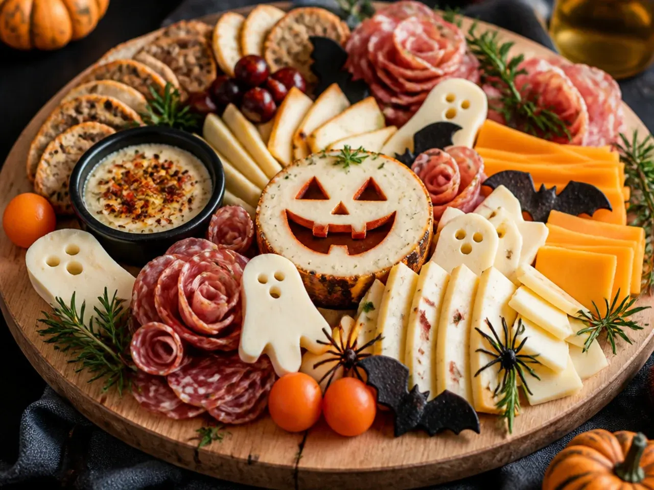 Cheddar cheese being cut into pumpkin shapes with a mini cookie cutter on a wooden board