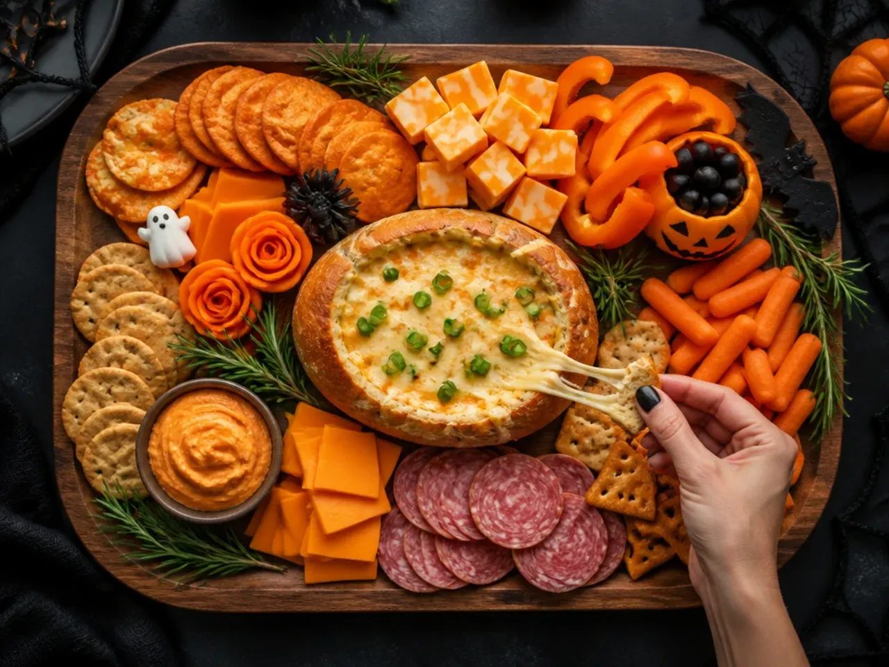 Overhead view of a halloween charcuterie board showing contrast between orange, black and purple ingredients