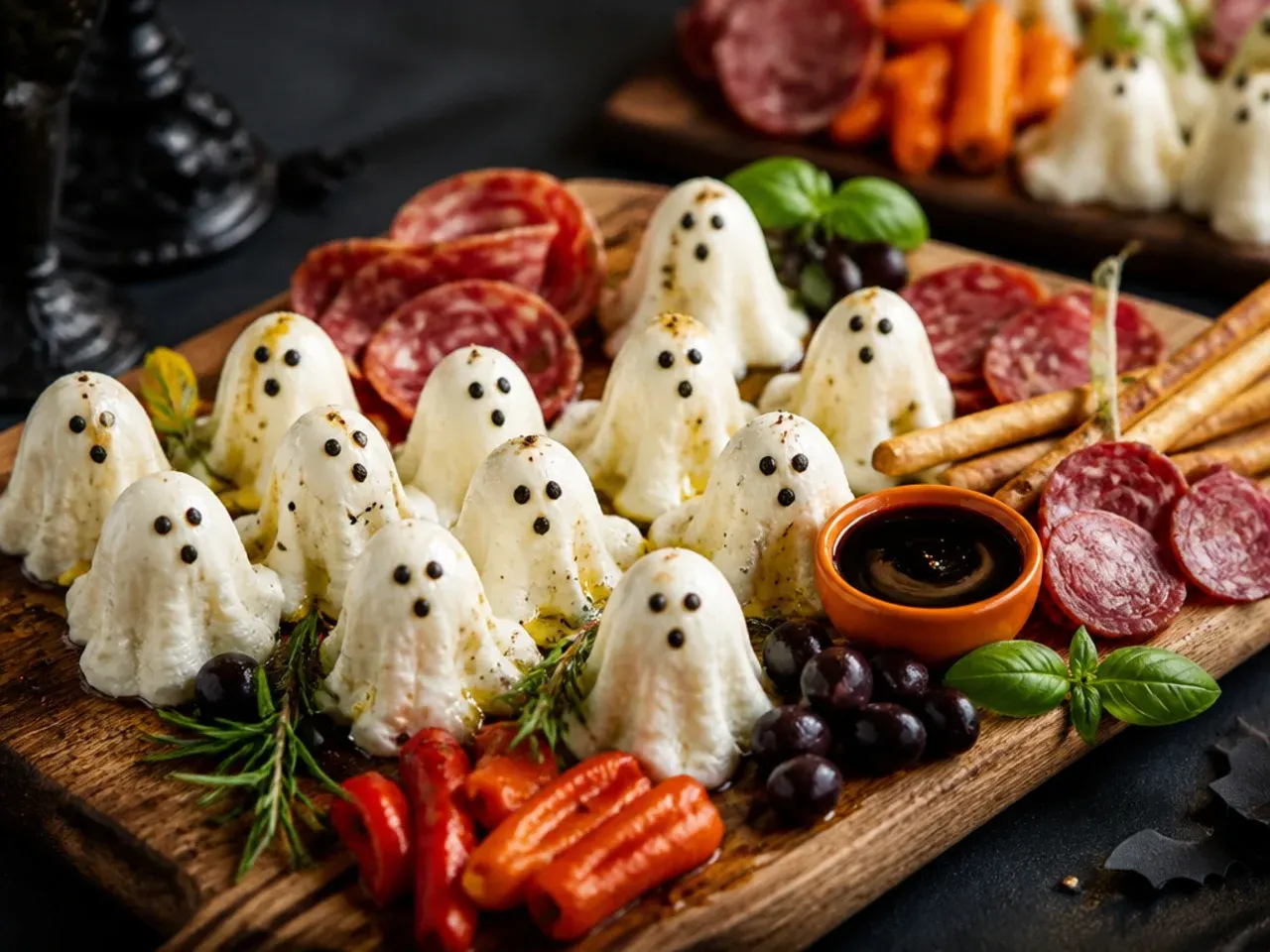 Mini mozzarella balls with black olive eyes made into ghost shapes on kitchen paper